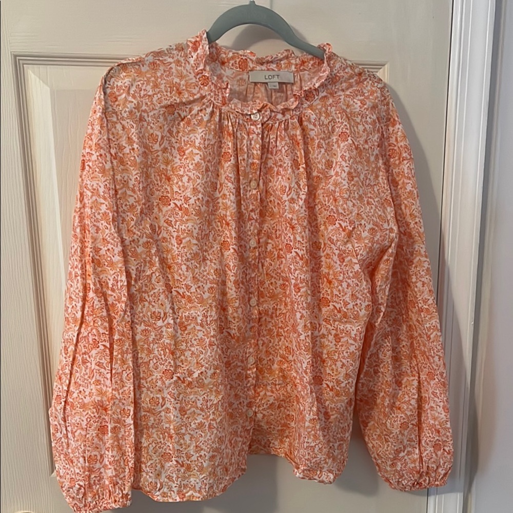 LOFT Orange Puff Sleeve Blouse with Peter Pan Collar